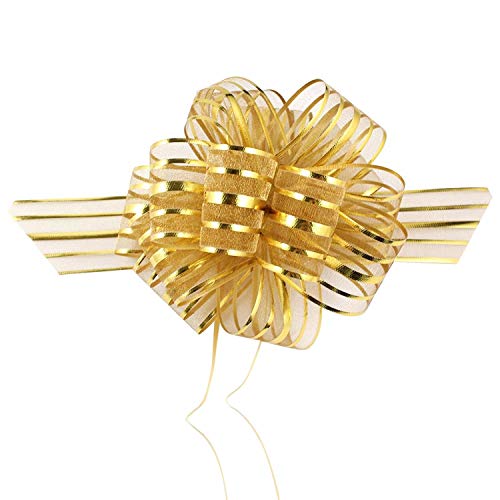 Image of 10 Bow Golden Colour Colour 50 mm Wedding Pull Bow Organza Striped Ribbon String with 35 inch Long Tulle Tails Wedding Party Bridal Gift wrap Wrapping Bows,Gift Bows, Christmas Bows