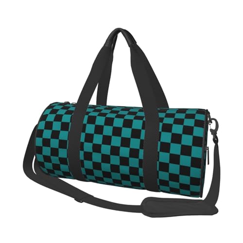 Large Duffle Bag for Travel - Black And Teal Checkerboard Gym Bag for Women Men, Foldable Travel Bags for Women Men with Zippered Multiple Pockets