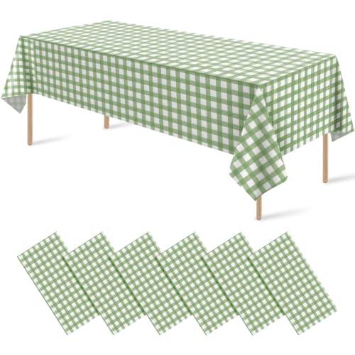 Image of 6 Pack Sage Green Plastic Checkered Tablecloth, Premium Decorative Disposable Sage Green Gingham Plaid Table Cloths for Parties, Rectangle Party Table Cover for Picnic Birthday Wedding, 54x108 Inch