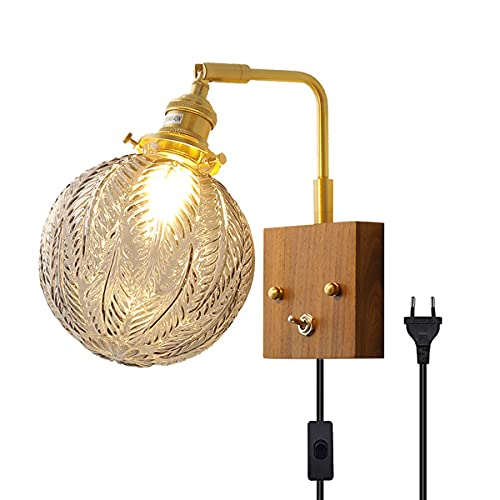 QEGY LED Wandleuchte Industrial Vintage mit Stecker und Kabel Retro Messing Wandlampe Innen mit Schalter Verstellbar Nachttischlampe Kugelförmiges Glas E14 Holz Wandbeleuchtung Schlafzimmer Restaurant Cover