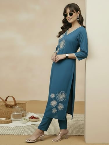Image of INDO ERA Womens Silk Blend Printed Straight Kurta Pant Set (IESTR5624)