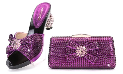 Women Italian Shoes and Bags Set Shiny Rhinestones Bow Slip On Fish Mouth High Heel Slippers Large Capacity Lightweight Clutch for Evening Party2