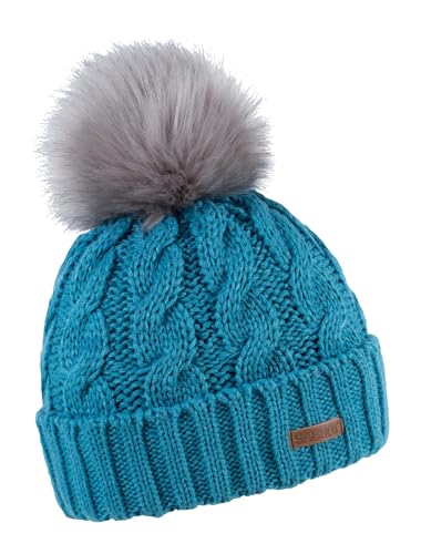 SABBOT Classic Ladies Fur Bobble Hat Fleece Lining Winter Hat Knitting Pattern Warm Cap with Collar, turquoise, Einheitsgröße-L