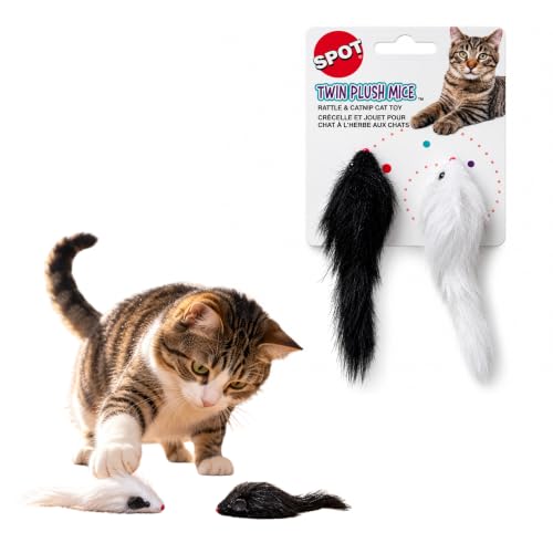 SPOT Twin Plush Mice Cat Toy- Rattle and Catnip Toy for Indoor Cats and Kittens - Classic Toy for Batting and Chasing Around - Fun Entertainment for Hours - 4.5in, 2pcs
