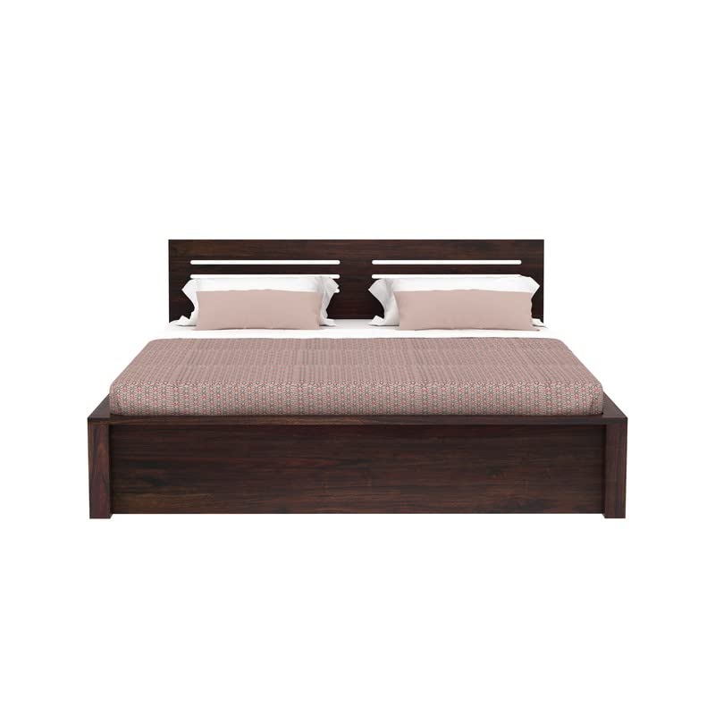 Image of Solid Wood Queen Size Bed for Bedroom | Wooden Furniture Crafted from Premium Sheesham Wood | Elegant Bedroom Double Bed with Box Storage | Walnut Finish (83.5x65x35 Inches)