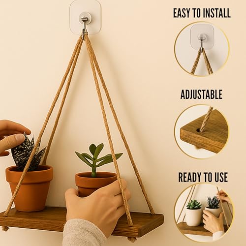 Image of Wooden Hanging Shelves Adjustable Rope Hanging Shelf, Wall Hanging Home Decor, Lightweight, Premium Wooden Shelf, Hanging Plant Shelf for Bedroom and Living Room Natural Finish
