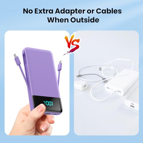 Image of Portable Charger Power Bank for iPhone with Built-in Cables and AC Wall Plug, 13800mAh Ultra Slim Travel Essentials,USB C Fast Charging External Battery Pack for iPhone 17 /16 /13,Galaxy,Android-Purple