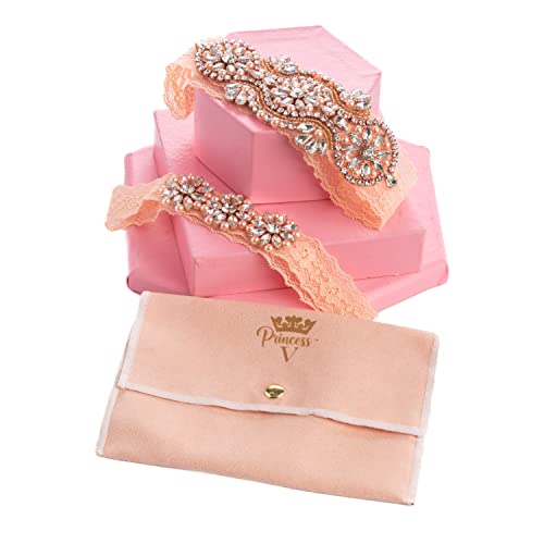 Princess V Gorgeous Rose Pearl & Rhinestone Champagne Wedding Garter Belt With Toss Garter. Bridal Lingerie Gift. Sexy Rose Gold Sequin With A Lace Band-2 Pc Set (Pvypg-Rg1) #TOP5