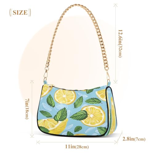 Image of Shoulder Bags for Women Vintage Yellow Lemon Fruit and Blue Print Hobo Tote Handbag Small Clutch Purse with Zipper Closure