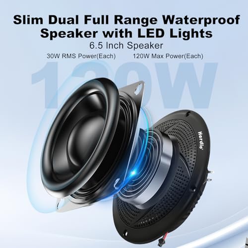 Image of Herdio 6.5 inch Bluetooth Marine Speakers, Low Profile Slim Design with LED Lights, 240W 2-Way Weather Resistant Outdoor Audio, Suitable for Boat, RV, UTV, ATV, Golf Cart (2-Pack, Black)