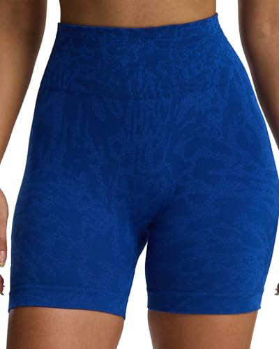 Aoxjox Seamless Camo Scrunch Workout Biker Shorts for Women Tummy Control High Waisted Athletic Gym Running Yoga Short 5" (Blue, Medium)