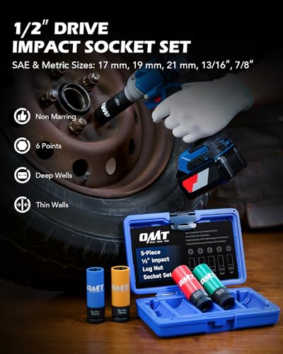 Orion Motor Tech 1/2" Drive Lug Nut Socket Set, Metric 17 19 21 mm & SAE 13/16 7/8 in. Wheel Socket Set, 5pc Impact Lug Nut Socket Set, Thin Wall Lug Nut Sockets with Colored Protective Covers