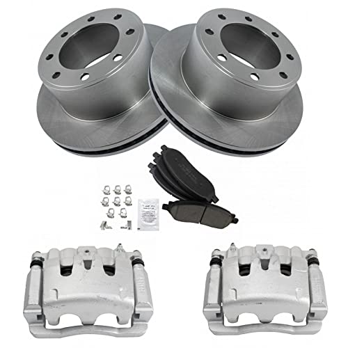 Image of TRQ Rear Brake Pad, Caliper, & Rotor Kit Ceramic Vented Compatible with 2005-2007 Ford F-250 Super Duty F-350 Super Duty