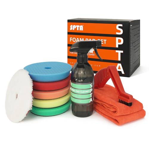 Image of SPTA 10 Pcs Detailing Set, 5Pc 6 inch Buffing Polishing Pads, 1 Microfiber Finish Pad, 1-16 oz Polishing Cleaner, 1 Conditioning Brush, 2-16 inch*16 inch Microfiber Towel. for Dual Action and Rotary Polishers