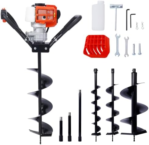 【LuckyNote】V-Type 52CC 2 Stroke Gas Post Hole Digger One Man Auger Plant Soil Digging Fence withHole Digger Replacement Auger Bits (L4"+L6"+L8"+L12" Drill BITS+EXT Rod Kits) Two Separate parcels