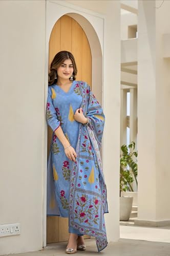 Image of GoSriKi Women's Rayon Viscose Printed Straight Kurta with Pant & Dupatta