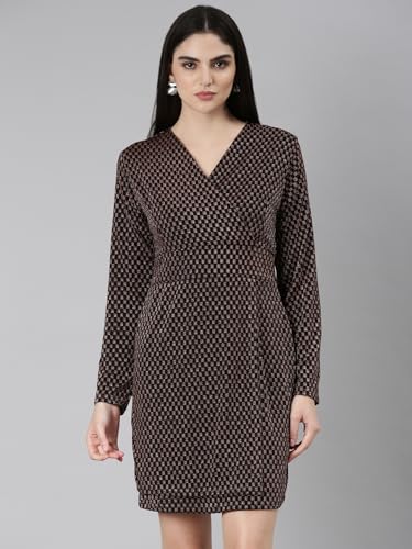 Image of SHOWOFFFF Women Self Design Wrap Party Dress | V Neck Full Sleeves Jersey Dress for Womens | Above Knee Dress for Women's