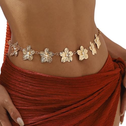 Metal Adjustable Waist Chain Belt for Women Sexy Pearl Flowers Waist Belt Simple Gold Floral Link Belly Waist Body Chain Jewelry4