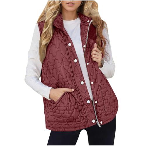 Image of Keepink Womens Gilets Quilted Ladies Body Warmer Padded Sleeveless Jackets Button Down Puffer Vest Coats Stand Collar Cropped Outerwear Fall Winter Loose Fit Bodywarmers with Pockets