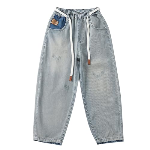 Kids Boys Streetwear Wide Leg Jeans Baggy Straight Elastic Waist Washed Denim Pants Cool Loose Trousers for Youth Boys