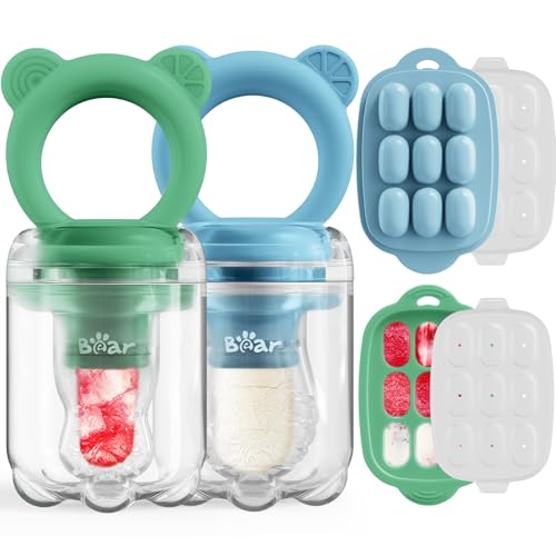 Image of Bear Baby Fruit Food Feeder & Mini Freezer Nibble Tray Combo, 2 Pack Breastmilk Popsicle Molds for Baby Teething Relief, BPA Free Silicone Feeder for Safe Infant Self Feeding, Dishwasher Safe, Green