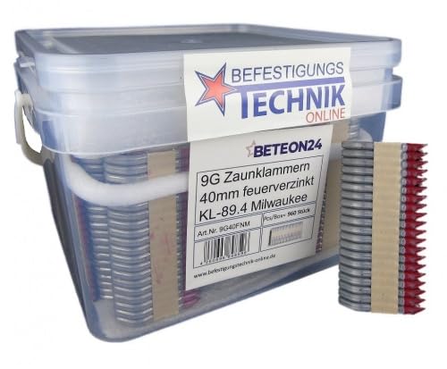 BETEON24 Clips de clôture 40 mm 9 jauges | 960 pièces | Convient pour Milwaukee M18 FFUS-302C | Galvanisé et résistant aux intempéries | Puissance de...