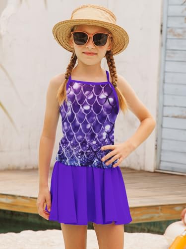 Image of Girls Tankini Swimsuit Mermaid Bathing Suits Criss-Cross Strap Adjustable Summer Beach Two Piece Swimwear Size 4-12