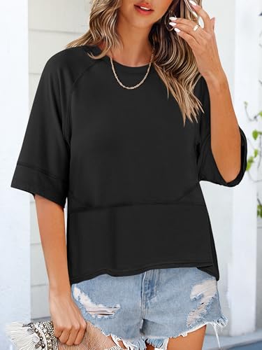 ANRABESS Womens Tops Crewneck Half Sleeve Loose Fit T Shirts Solid Cute Flowy Shirts Summer Casual Tees 2025 Trendy Outfits2