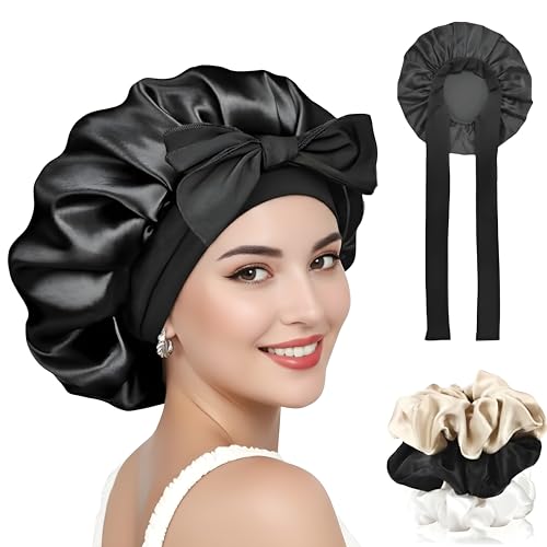 Image of Silk Bonnet for Hair with 3 Scrunchies, Adjustable Hair Cap for Sleeping, Bonnet for Curly Hair with Wide Elastic Tie Band