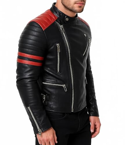 Mens Café Racer Brando Red Stripes Vintage Retro Quilted Motorcycle Biker Black Lambskin Leather Jacket3