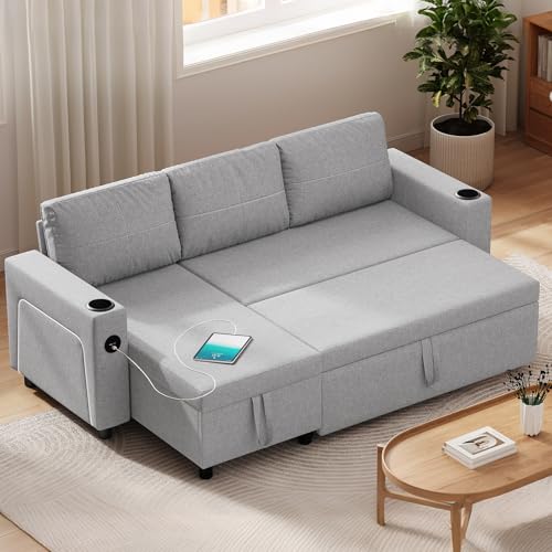 Hadibio Sofa Bed,3 Seater L-Shaped Sofa Bed,3 in 1 Sectional Couch with USB & Type-C Ports,2 Cup Holders and LED light,Convertible Corner Couch with Large Storage Space for Living Room,Light Grey