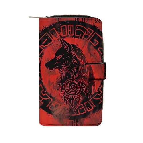Norse Mythology Viking Wolf Leather Wallets,Long Wallet Purse,Slim Thin Leather Bifold Card Holder Wallet,Adjustable Buckle,Multi Cards Case,Large Capacity