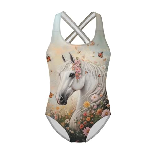 WELLFLYHOM Horse Girls' One Piece Swimsuits 11-12 Cross Back Bathing Suits Flower Sleeveless Workout Swimsuit Athletic Beachwear for Outdoor Beach Swimming Pool