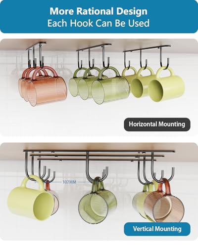 3 Pack Mug Hooks Under Cabinet, Coffee Mug Holder for Hanging Under Shelf, Cup Hanger with 9 Hooks for Displaying Mugs, Coffee Cups and Kitchen Utensils, Black