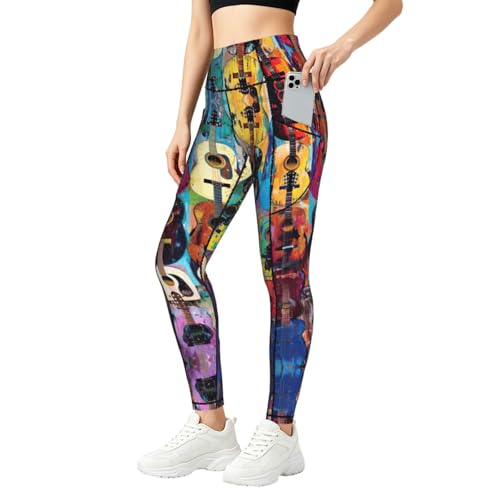 Leggings con estampado de guitarras acústicas de mujer para entrenamiento elástico
