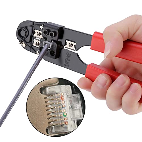 Image of XIKKART Network Crimping Tool with Wire Stripper & Cable Cutter, Multi-Function RJ45 RJ11 RJ12 Modular Plug Crimper Pliers, Ethernet LAN Cable Connector Clamp Hand Tool for Networking, Telecom DIY Use