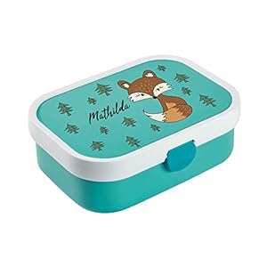 4youDesign türkise Brotdose mit Fächern -Fuchs- personalisiert mit Namen I Geschenk zur Einschulung für Jungen & Mädchen