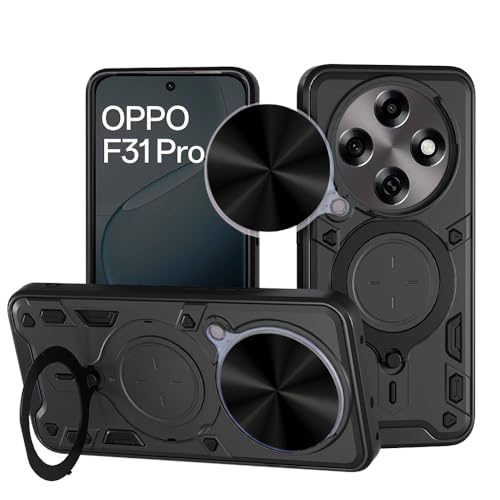 Image of AESTMO Armor Oppo F31 Pro 5G Bumper Back Case Cover | Ring Holder & CD Pattern Sliding Camera Shutter Cover | Back Case Cover for Oppo F31 Pro 5G (Black)