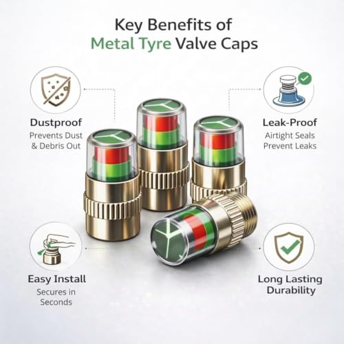 Image of Kripara Sales Car Tyre Pressure Indicator Valve Caps | Durable Metal Air Stem Covers with Decorative Radium Design Universal Tyre Valve Dust Covers | Metal Pressure Monitoring Caps (4 PCS)