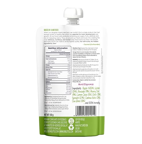 Baby Food Puree Pouch | 7+ Months | Apple Spinach Avocado Oats Cashews | 100% Natural, No Preservatives, No Sugar | 3g Protein, 3g Healthy Fats | Ready-to-Eat | Pack of 4, 100g Each