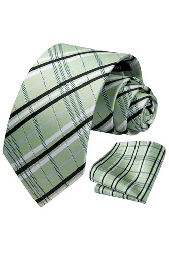 Image of HISDERN Ties for Men Plaid Checkered Tie with Pocket Square Woven Business Formal Necktie Handkerchief Set Wedding Party