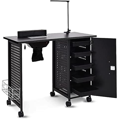 WELLHUT Manicure Table Pro Mobile Nail Tables Station Steel Frame Salon Spa Table Nail Tech Gift Art Desk Workstation Beauty Equipment w/Nails LED Lamps, 5 Drawers w/Key, Storage Shelf Cover