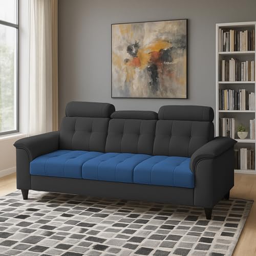 Image of Casaliving Ella 3 Seater Sofa Set for Living Room (Blue Black Colour Fabric) Premium Fabric Sofa