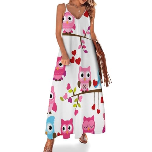 Robe longue pour femme imprimé hiboux roses et bleus vêtement maxi d'été
