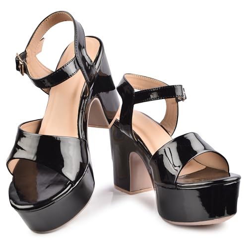 Image of Women's Platform Heels Signora101|Chunky Flared High Heel Sandals |Glossy Open Toe with Ankle Strap Signora101