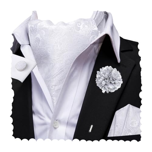 Image of Hi-Tie Silk Ascot for Men Self Tie Men's Cravat and Flower Lapel Pin Handkerchief Cufflinks Set for Wedding Party