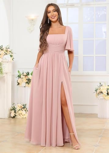Square Neck Bridesmaid Dresses with Slit Chiffon Flutter Sleeve Long Formal Wedding Guest Dress with Pockets2