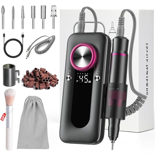 Torno para Uñas Profesional 45000 RPM Portátil Lima de Uñas Eléctrica Inalambrico Recargable Velocidad Ajustable Fresas Torno Molinillo de Uñas Eléctrico para Gel o Acrilicas para Hogar y Salón (Gris)