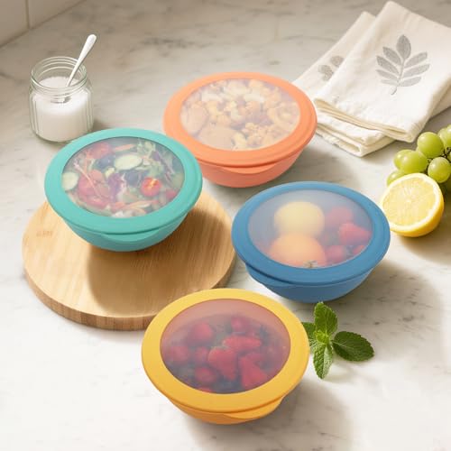 Image of Wheat Straw Bowls Set with Lids, Unbreakable 40 OZ Cereal Bowls Set of 4, Salad Container for Lunch, Microwave & Dishwasher Safe Bowl Set for Kitchen, Picnic, RV, Camping, Multi