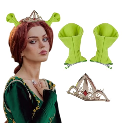 Bufeti Princess Crown and Ogre Green Ears Hair Clips Headpiece for Women Girls Halloween Party Dressing Up Cosplay Costume